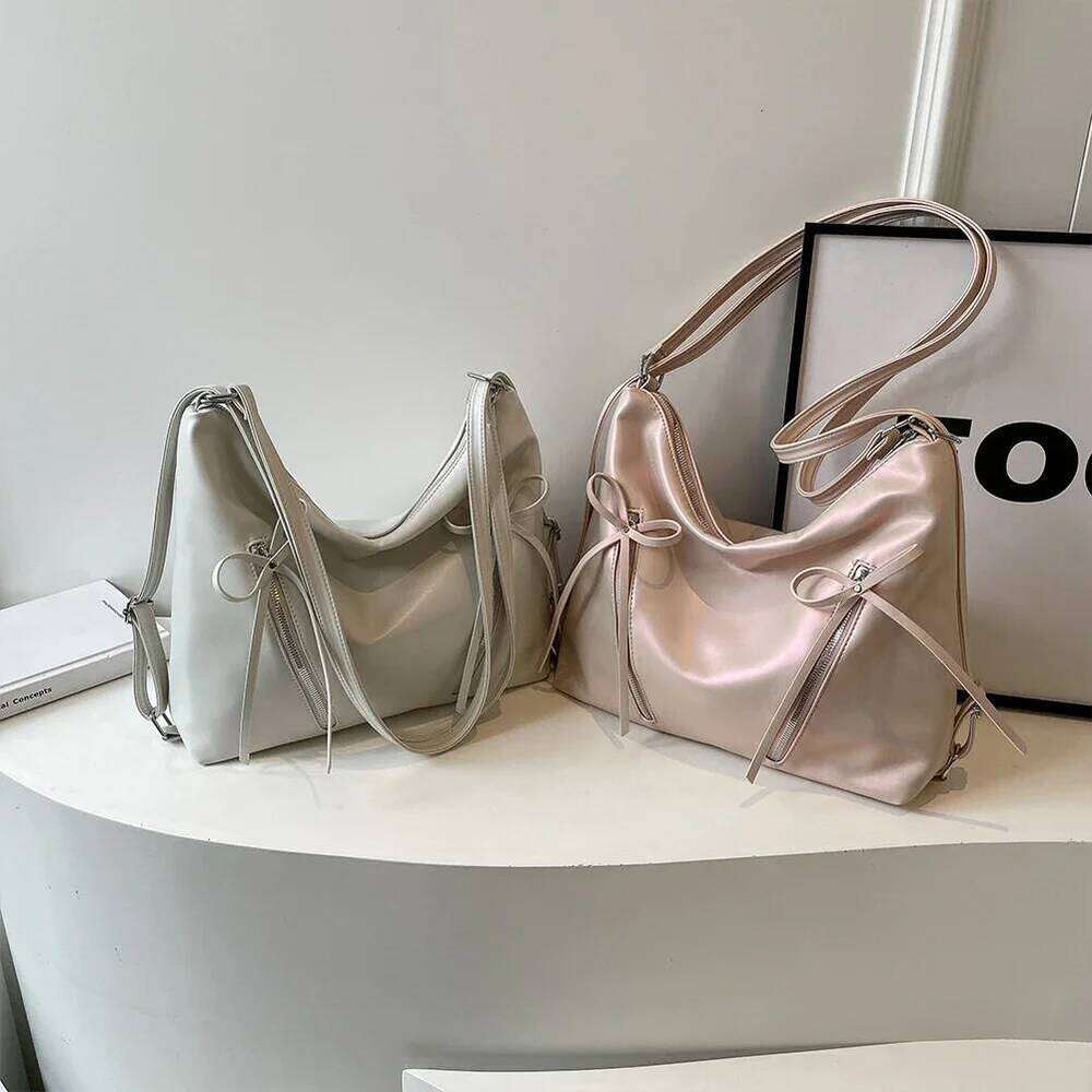 Cute Bow Underarm PU Leather Designer Tote Bag Solid Color Casual Daypack with Zipper Satchel Purse for Women C260204