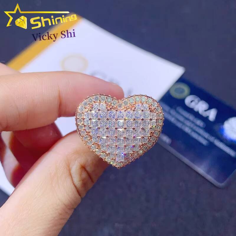 Hip Hop Jewelry New Design Heart Shape Iced Out Moissanite Diamond Ring 925 Silver Pass Diamond Tester