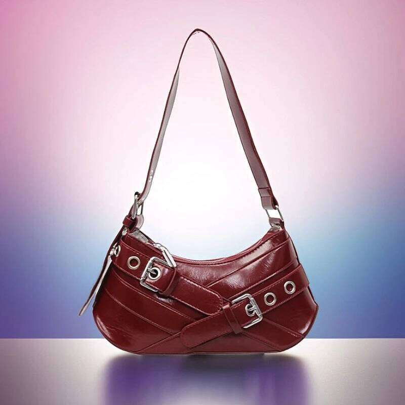 Women's Burgundy Saddle Vintage Crisscross Strap Shoulder Bag with Metal Buckle Decor Small Crossbody Purse for Daily Use C260204