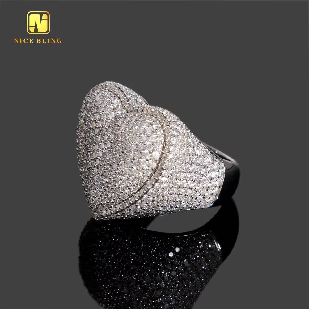 Pass Diamond Tester Heart Shape Hip Hop Rapper VVS Moissanite Fine Jewelry Diamond Iced Out Jewelry 925 Silver Ring for Men