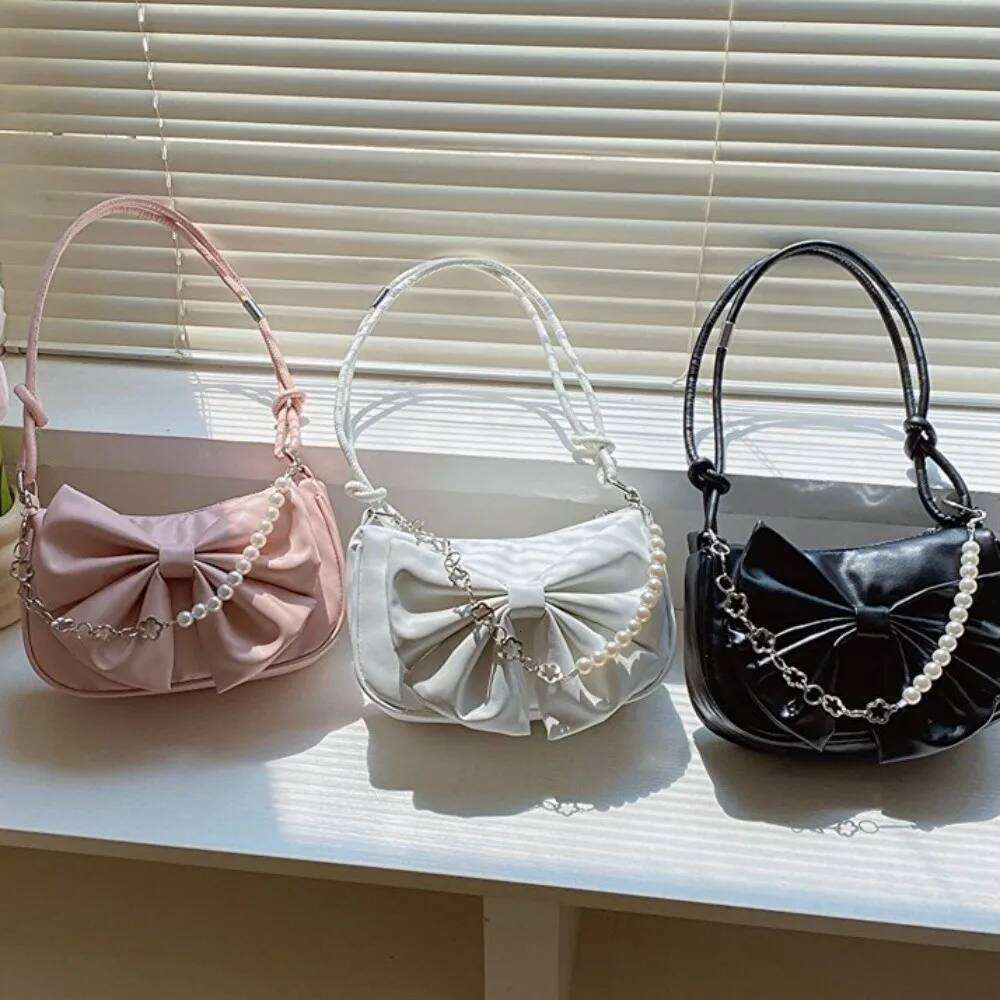 Casual PU Leather Bowknot Shoulder Solid Color Pearl Women Underarm Bag Adjustable Korean Style Bow Handbag Female C260204