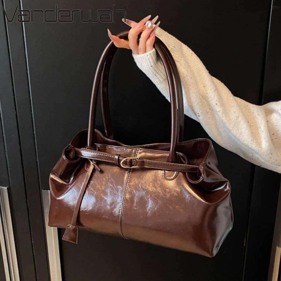 Oil PU Leather Hobo Handbag Slouchy Shoulder Retro Top-Handle Bag Large Bags for Women Gilrls Tote Work Shopping Travel C260204
