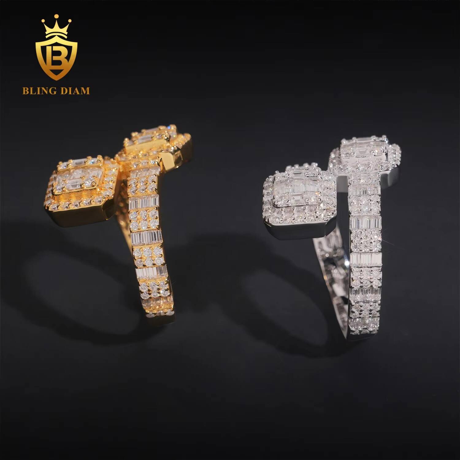 Hip Hop Jewelry 925 Sterling Silver Gold Plated VVS Full Moissanite Lab Grown Diamond Adjustable Open Square Ring for Men