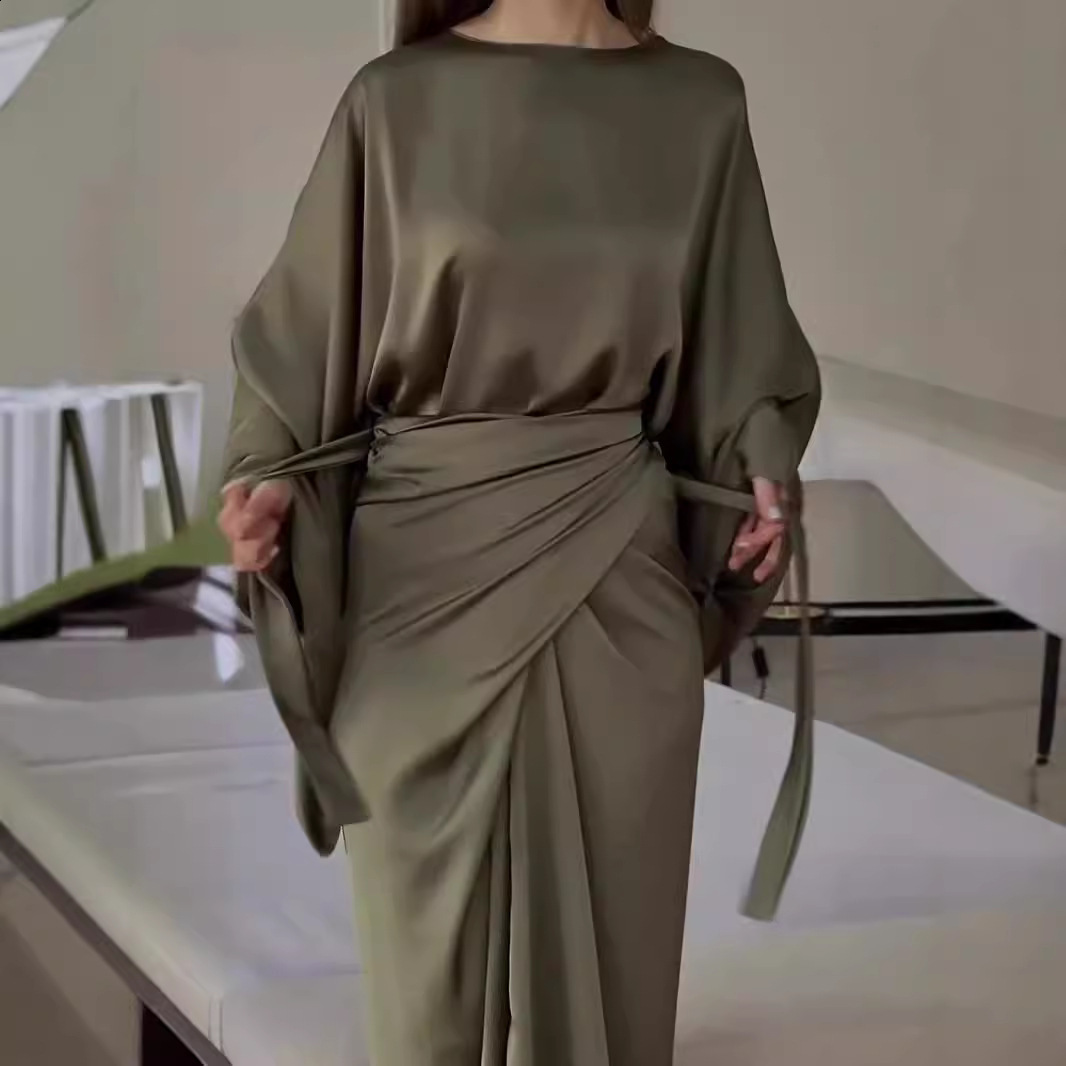 Long Sleeve Loose Robes For Women Elegant O Neck High Waist Slim Long Dress Ladies Club Evening Party Gowns 241031