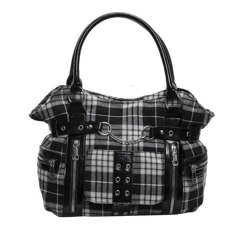 Fashion Trend Grid Gothic Punk Large Capacity Tote Bag2025Canvas Casual Commuter Versatile Shoulder Bag Bolsa De Un Hombro Mujer C260204