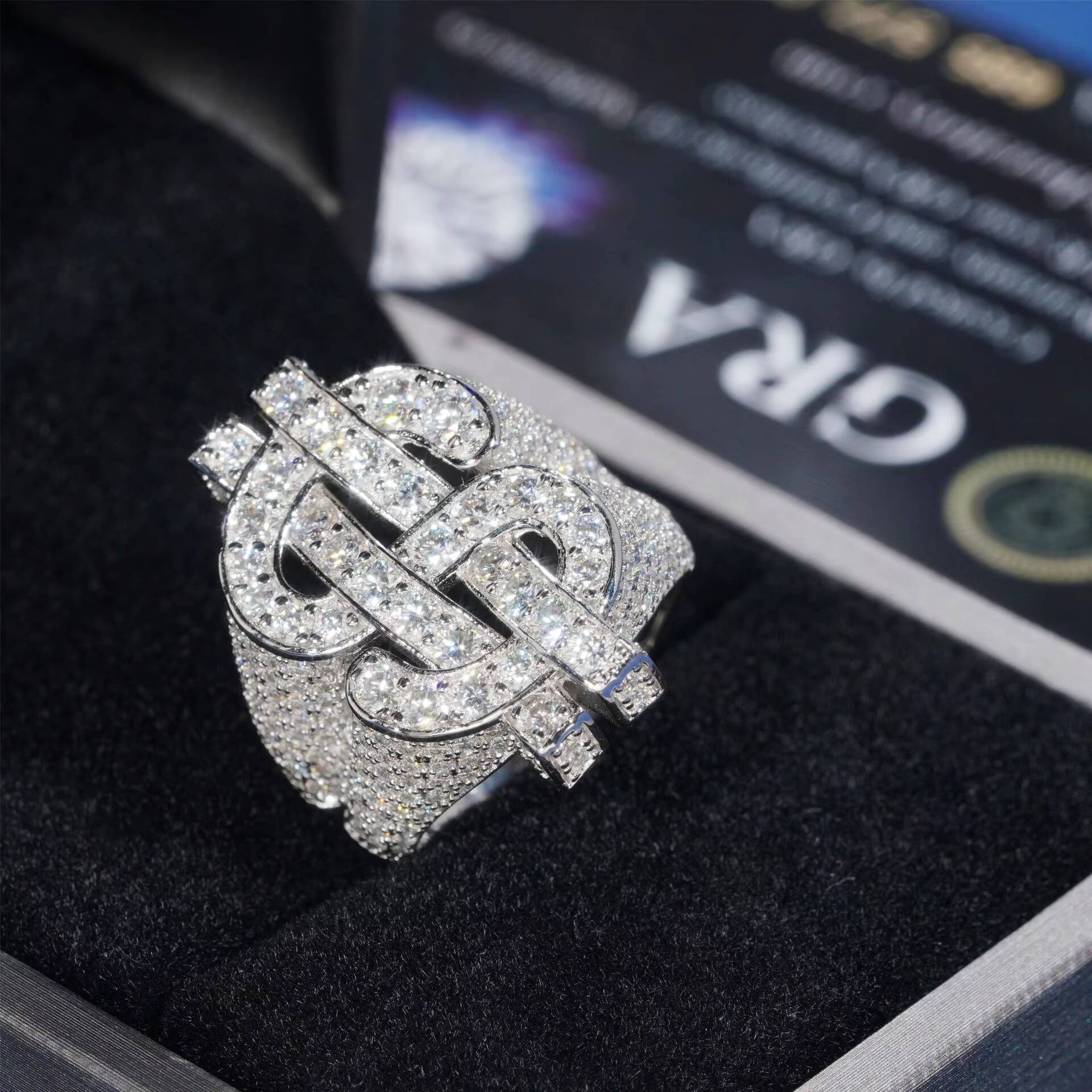 Plated 925 Sterling Silver Jewelry Iced Out Dollar Rings Hip Round Brilliant Moissanite Rings for Men and Women