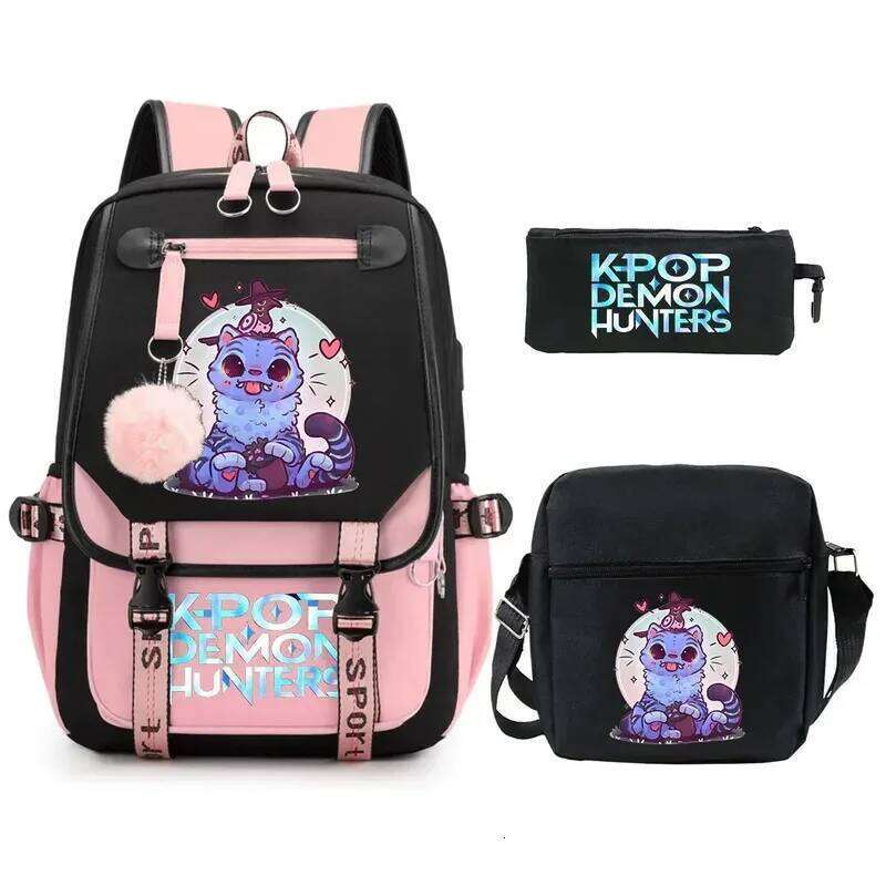 3pcs Kpop Demon Hunters With Shoulder Pencil Case Teeneger Large Capacity Outdoor Travel Backpack Women Laptop Bag Z260204