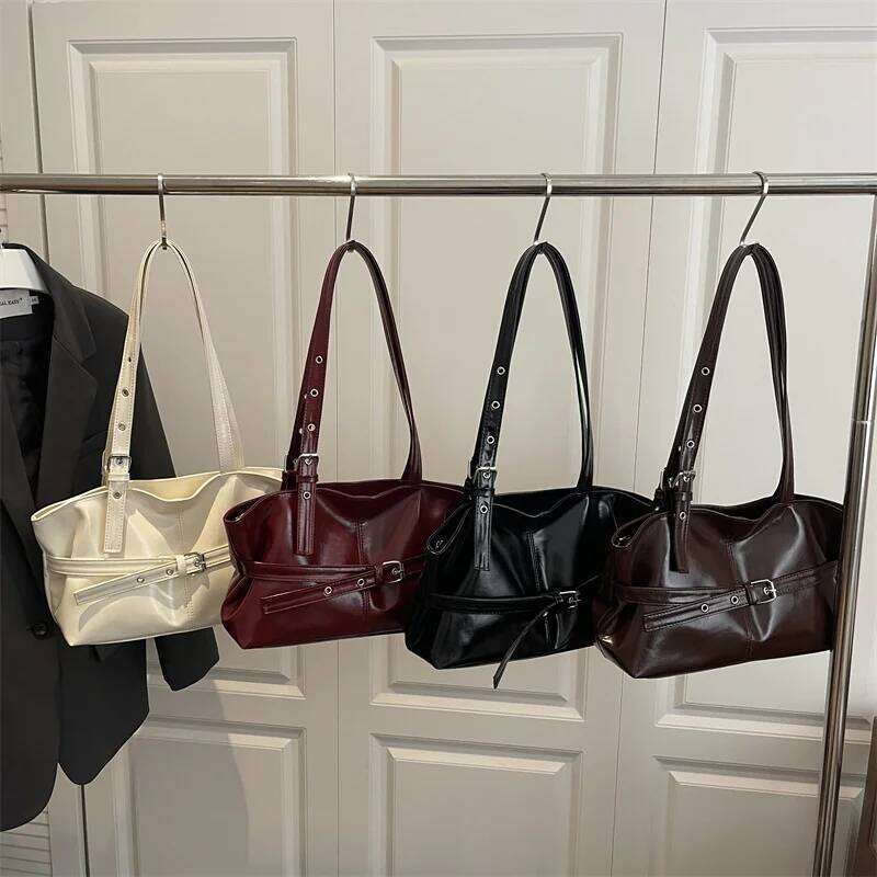 New Fashionable Versatile Belt Buckle Handbag Korean Style Solid Color Soft Leather Women's Casual Shoulder Underarm Bag C260204