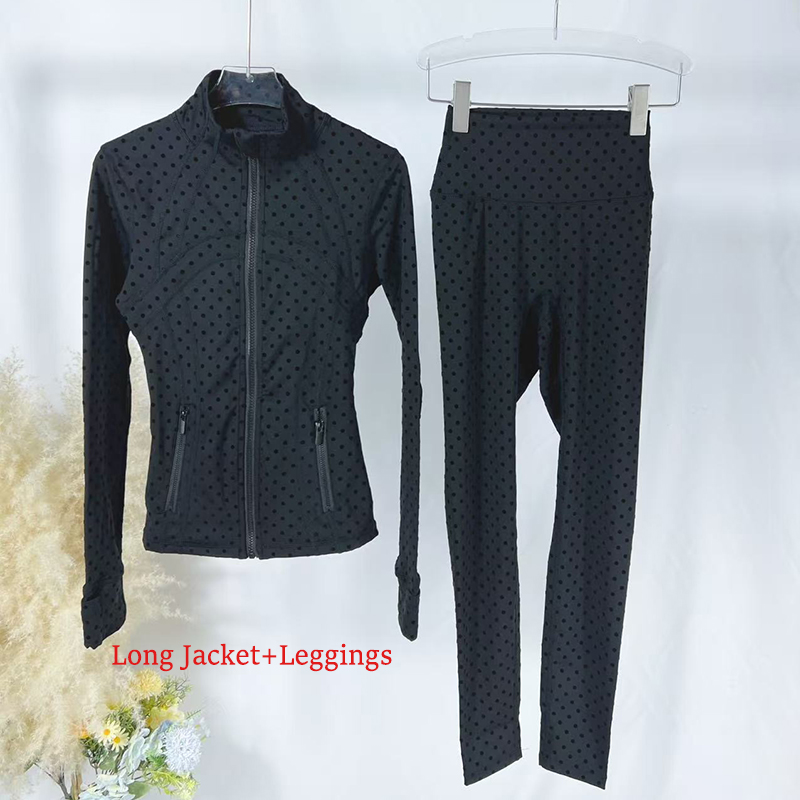 Women Yoga Polka Dot Jacket Leggings Gym Set Long Sleeves Workout Clothes Solid Color Nude Sports Coat Fitness Gold Zipper Jackets Jogging Sportswear