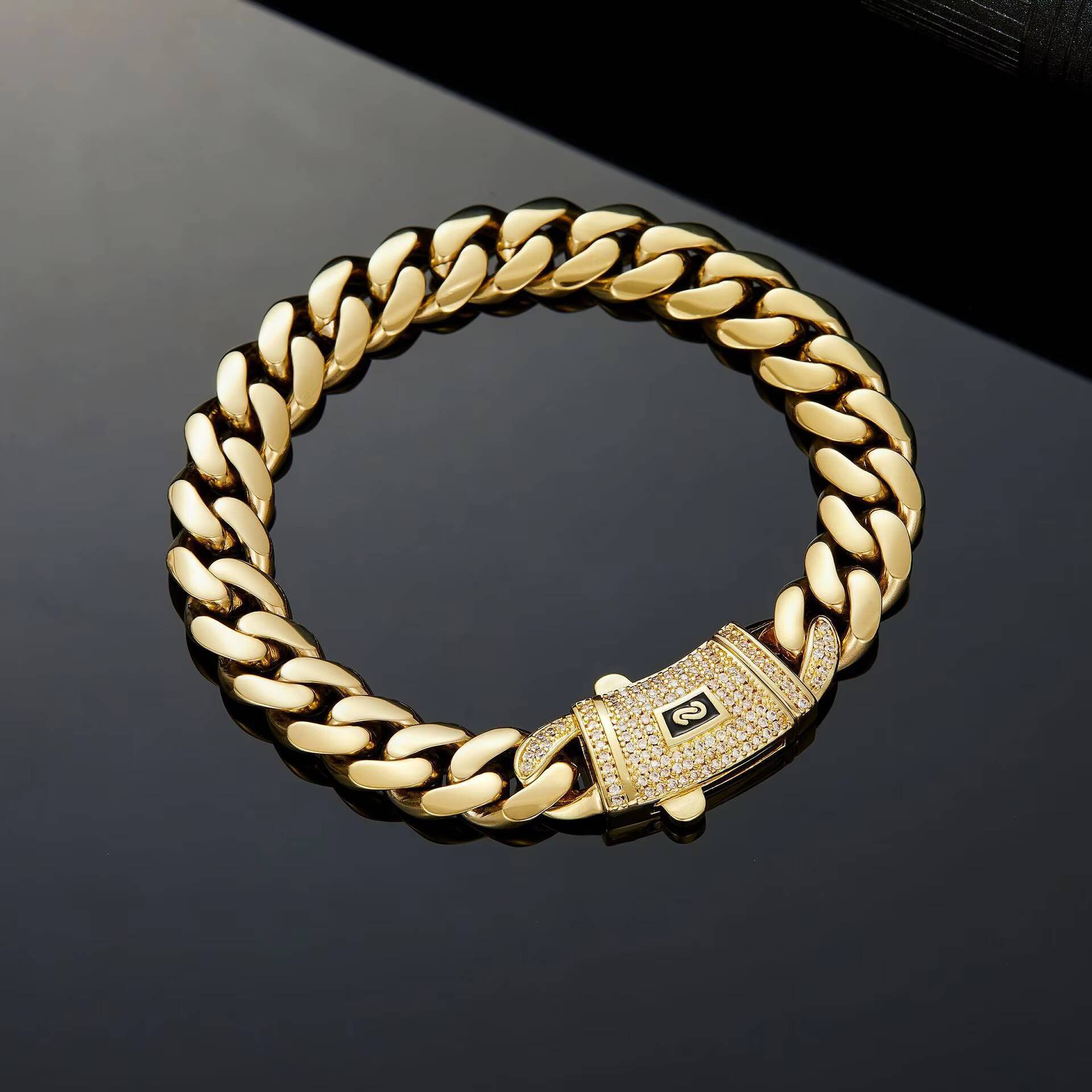 Classic Hip Hop Jewelry 6-14mm Laminated Flat Cuban Link Bracelet 14K Gold Plated Monaco Unisexracelet - view 7