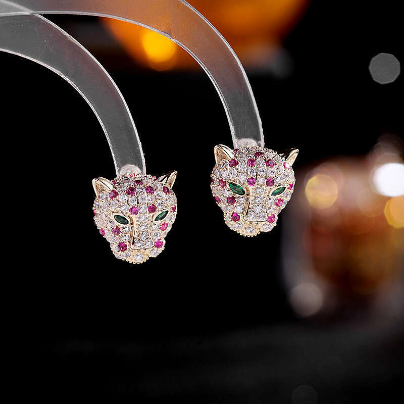 Fashionable and Unique Creative Cute Small Animal Micro Inlaid Zircon S925 Silver Needle Leopard Stud Earrings