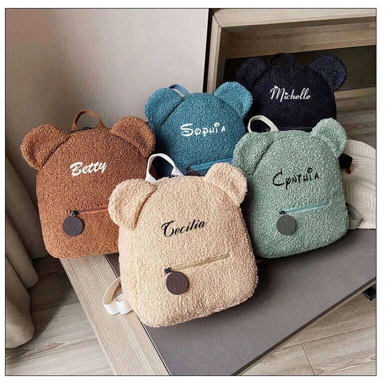 Personalised Womens Girls Cute Bear Pattern Plush Toddler Backpack for girls Custom Name Small Casual Shoulder Daypack Z260204
