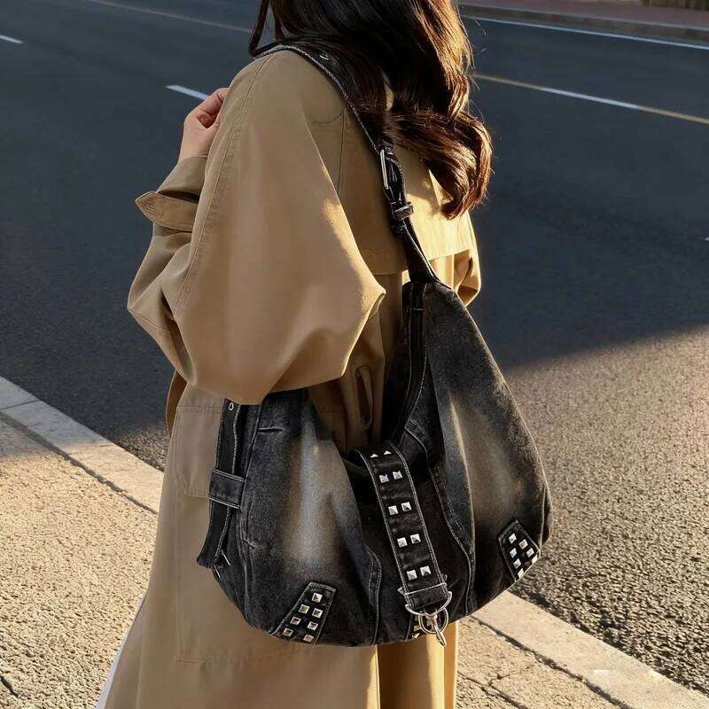 Americana Vintage Distressed Wasteland-Style Rivet Washed Denim Tote Bag Versatile Commuter Shoulder Crossbody Bags for Women C260204