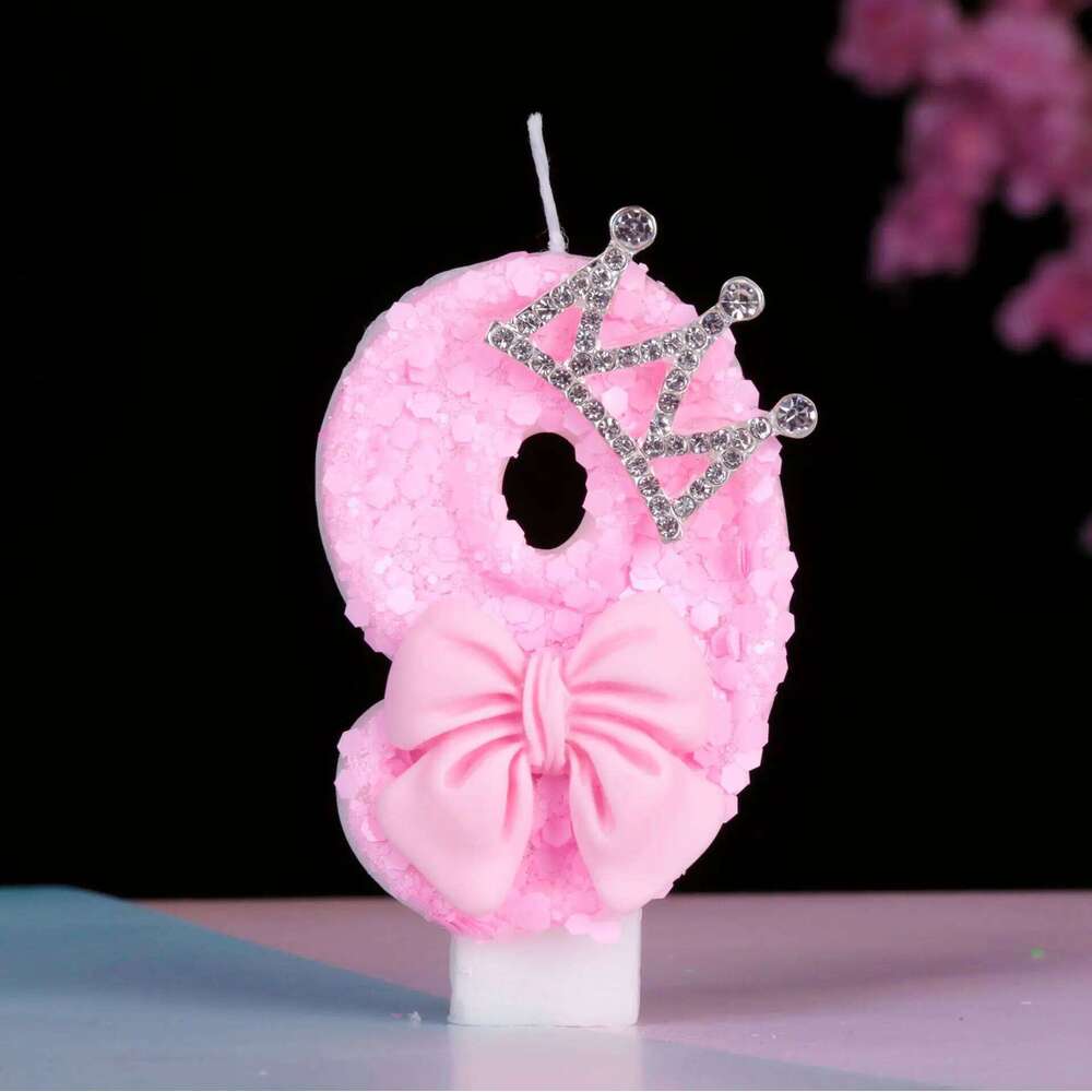 Digital birthday new silver crown girl pink bow candle S260204