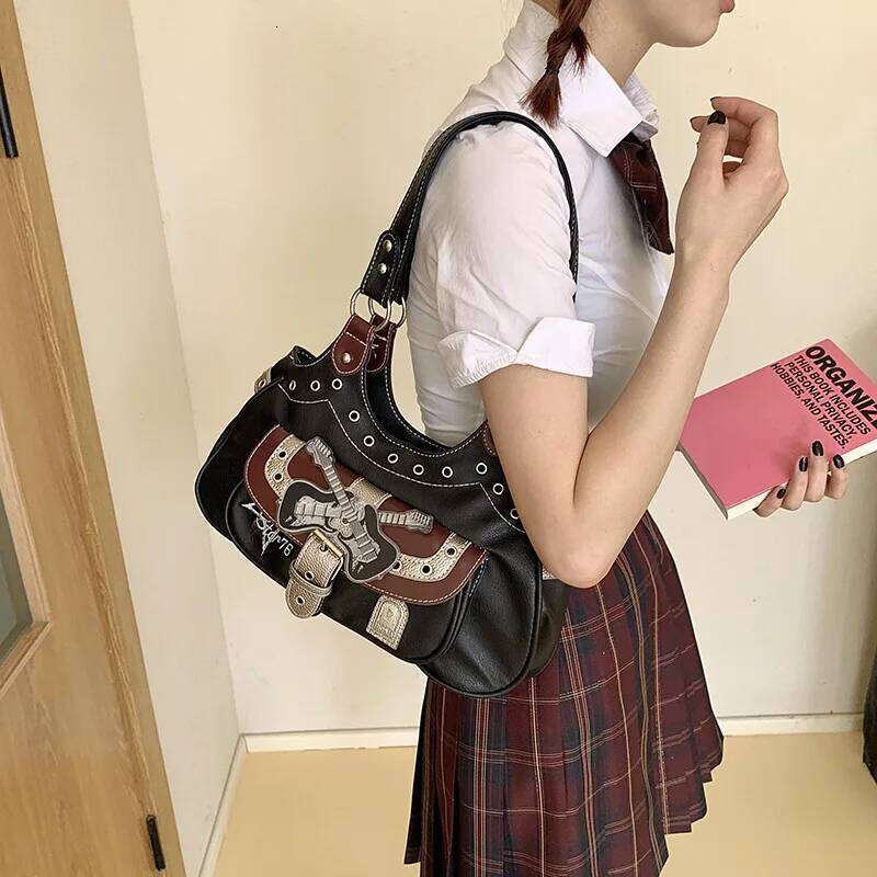 Niche Leather Tote Large Capacity Punk Style Y2K Commuter Handbag Printed Women's Creative Shoulder Bag C260204