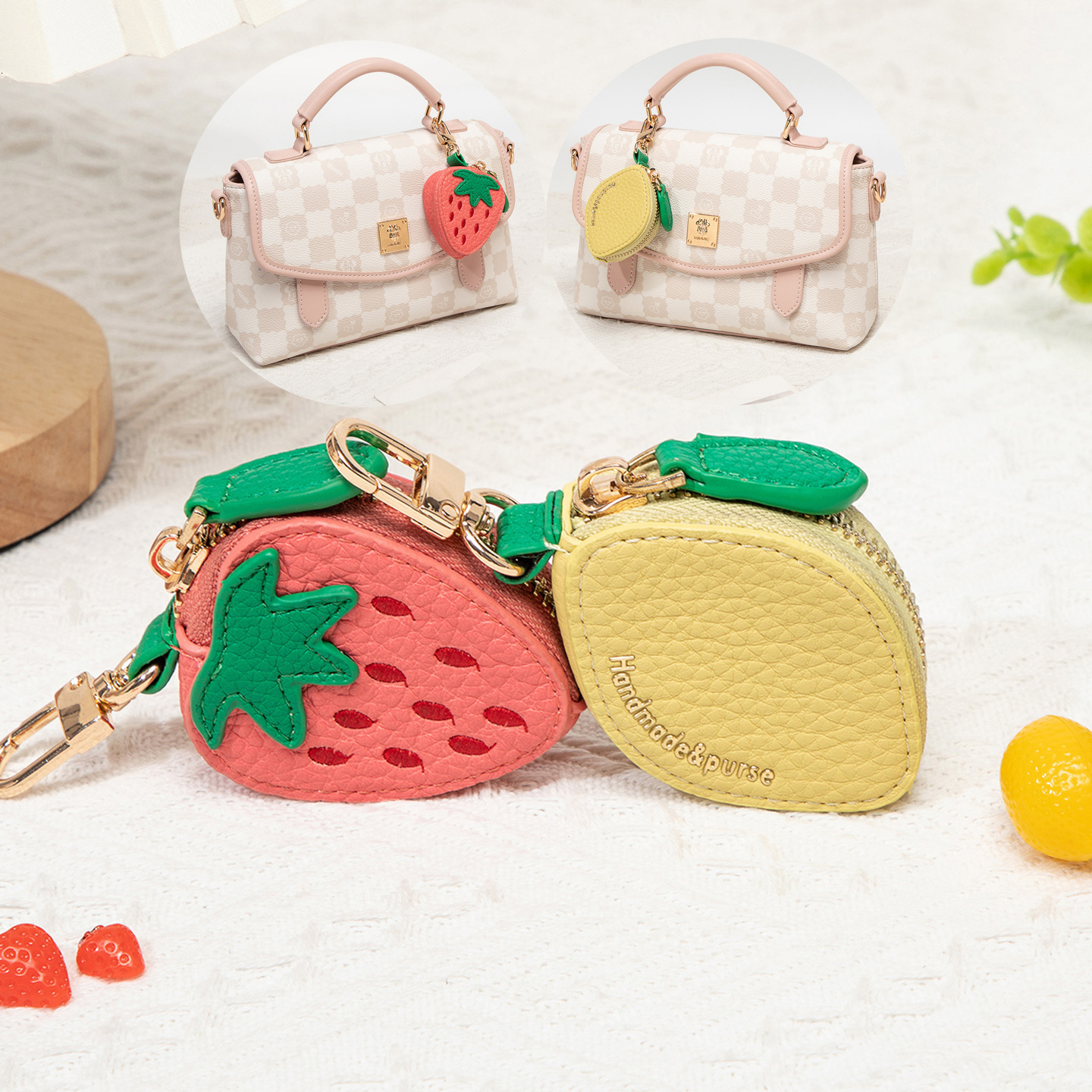Retro Y2K Purse Accessory Key Chain Fruit Bag Pendant Strawberry Shape Coin Purse Multi-Functional Key Bag Earphone Bag Cute Wallet Mini Coin Bag