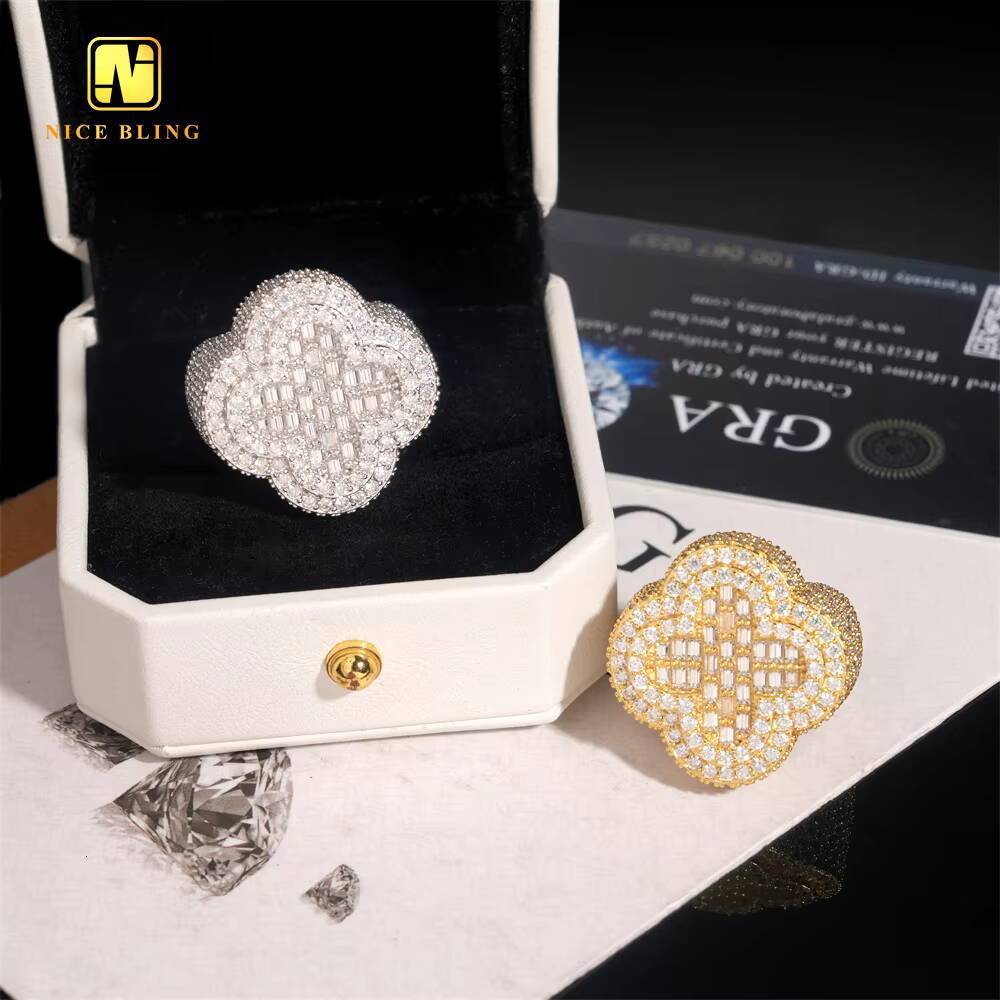 GRA Certificate Baguette Hip Hop Rapper VVS Moissanite Fine Jewelry Diamond Men Rings Iced Out Jewelry 925 Silver Clover Ring