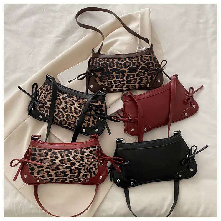 New Armpit Trendy for Women Sweet Double Bow Handbag Ladies Retro Fashion Female Leopard Print Shoulder Bag C260204