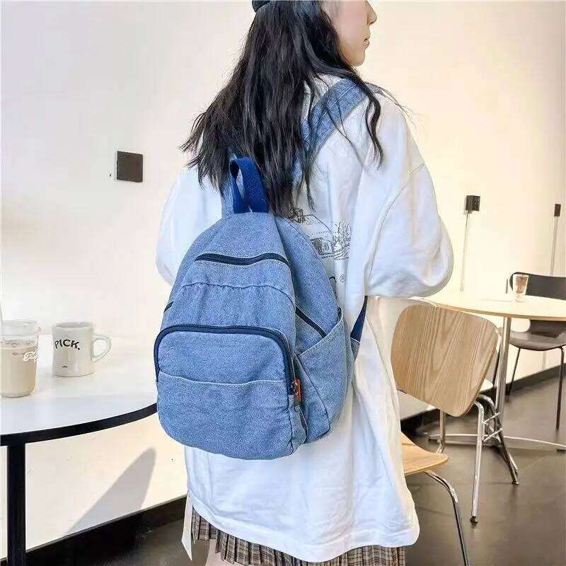Ins Simple Casual Student Korean Version Forest Style Retro Washed Denim Backpack Z260202