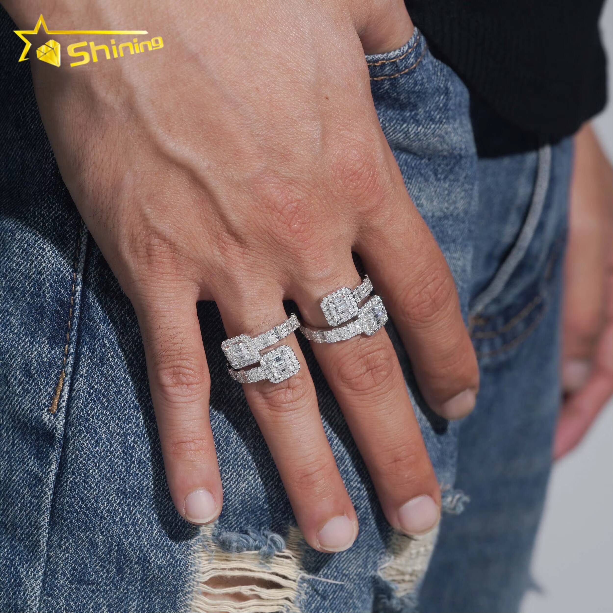 Stocks Wholesale Gold Plated Men Style Classic 925 Silver Ring Hip Hop Jewelry Style Baguette VVS Diamond Moissanite Mens Ring