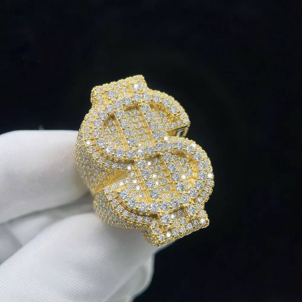 Hip Hop Moissanite Ring S925 Gold Plated Dollar Sign VVS Moissanite Iced Out RIngs for Men