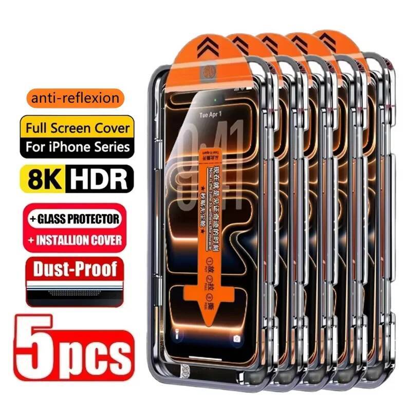 1-5PCS Easy Install HD Screen Protector For iPhone 17 16 13 Pro Max 11 15 14 16e 12 Mini XR X Xs 7 8 Plus Air Tempered Glass ddmythur