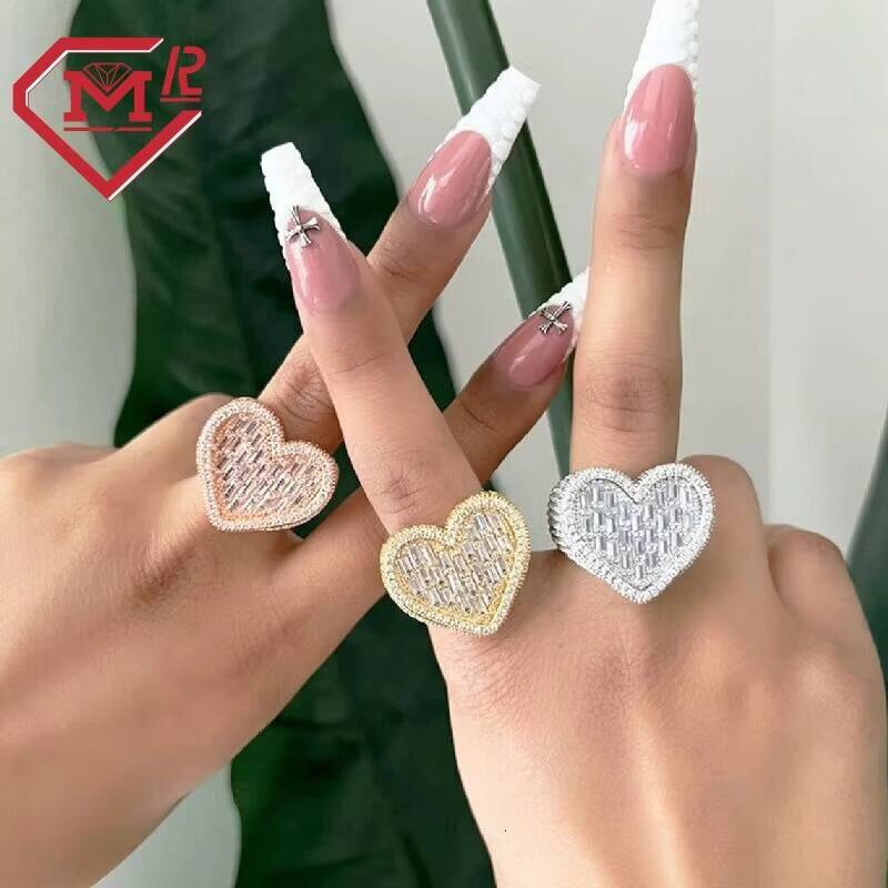 Full Iced Chunky Heart Shaped Moissanite Ring 925 Silver Icy Baguette Moissanite Diamond Hip Hop Ring for Women