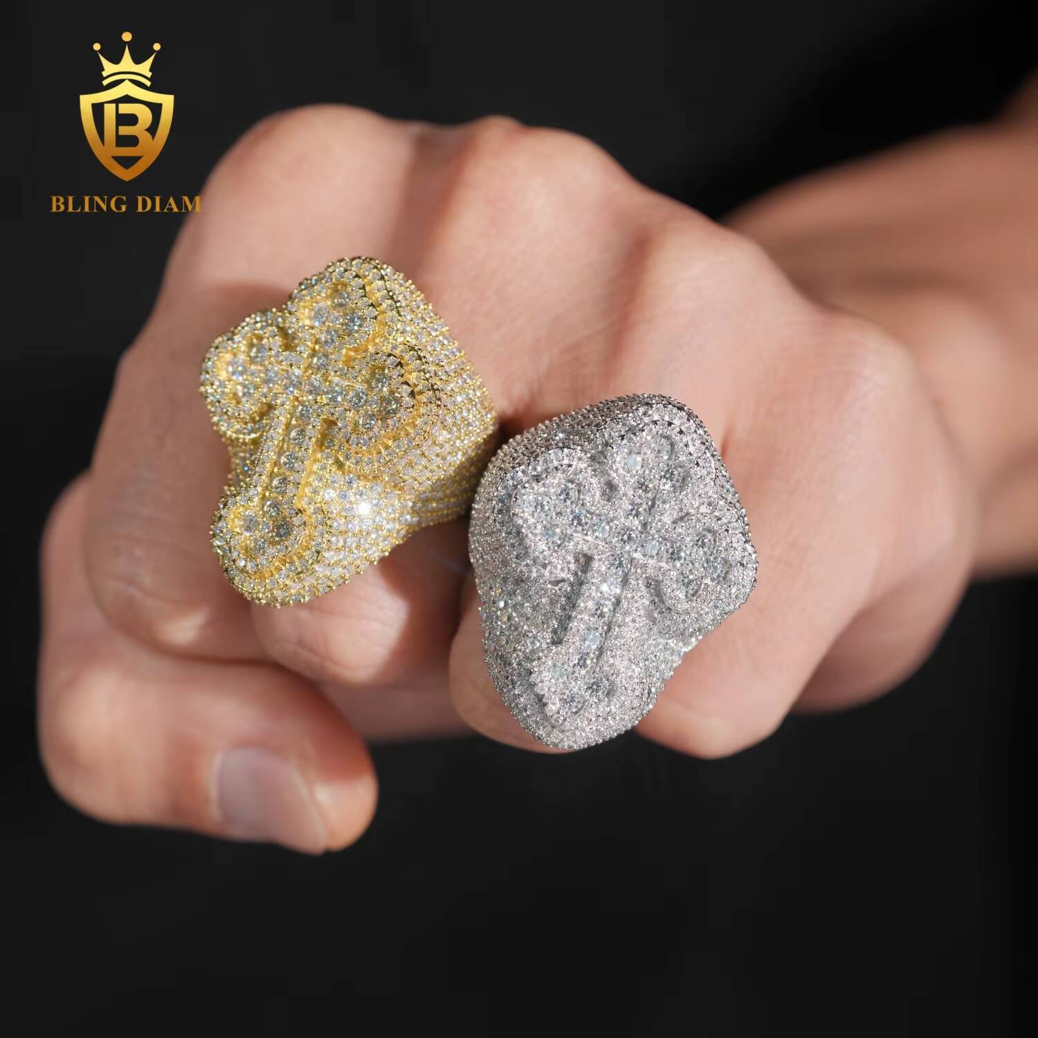 Hip Hop Jewelry Ring 925 Silver Gold Plated Vvs1 Moissanite Fully Diamond Ice Out Mens Cross With Rings