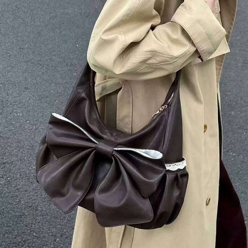 Bow Women's Crossbody Stylish Lace-trimmed Vintage Brown Handbag Large Capacity Student Shoulder Bag With Side Pockets C260204