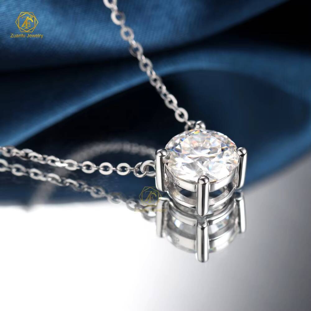 Custom Romantic Jewelry Pure 925 Sterling Silver 2 ct Round Moissnaite Pendant Necklace Chain Engagement Gift