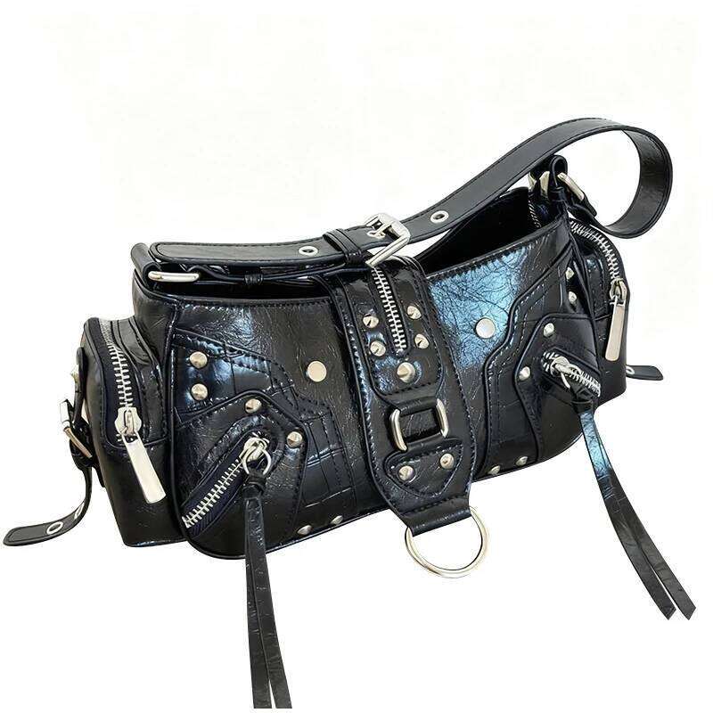 Y2k Women's Motorcycle Retro Pu Leather Handbag Black Punk Style Underarm Luxury Design Tassel Crossbody Bag C260204
