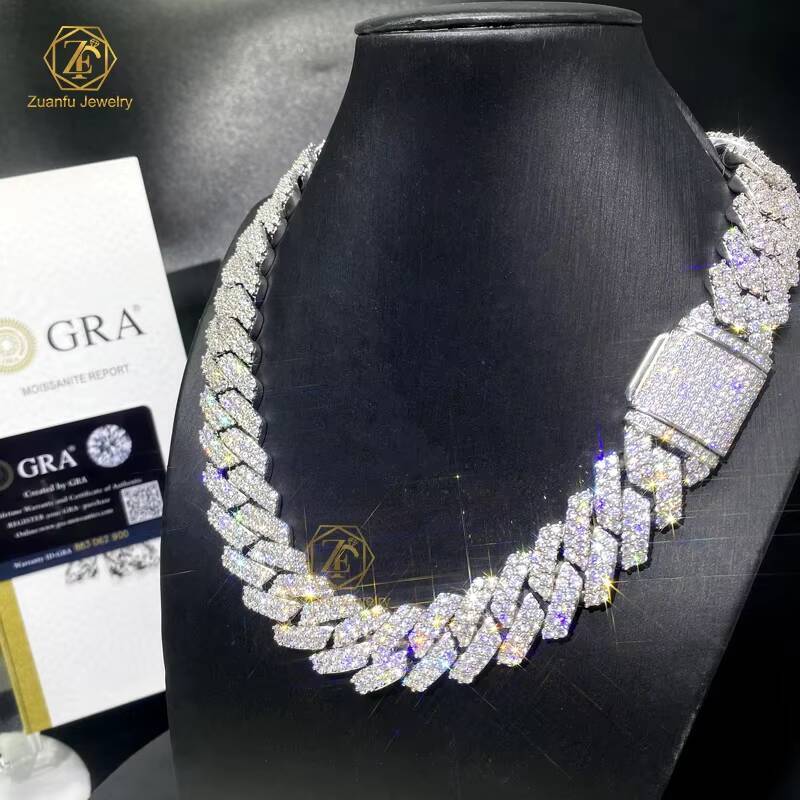 Hiphop Iced Out Cuban Chain VVS Moissanite 2 Rows Gold Cuban Necklace 925 Sterling Silver Diamond Moissanite Cuban Link Chain