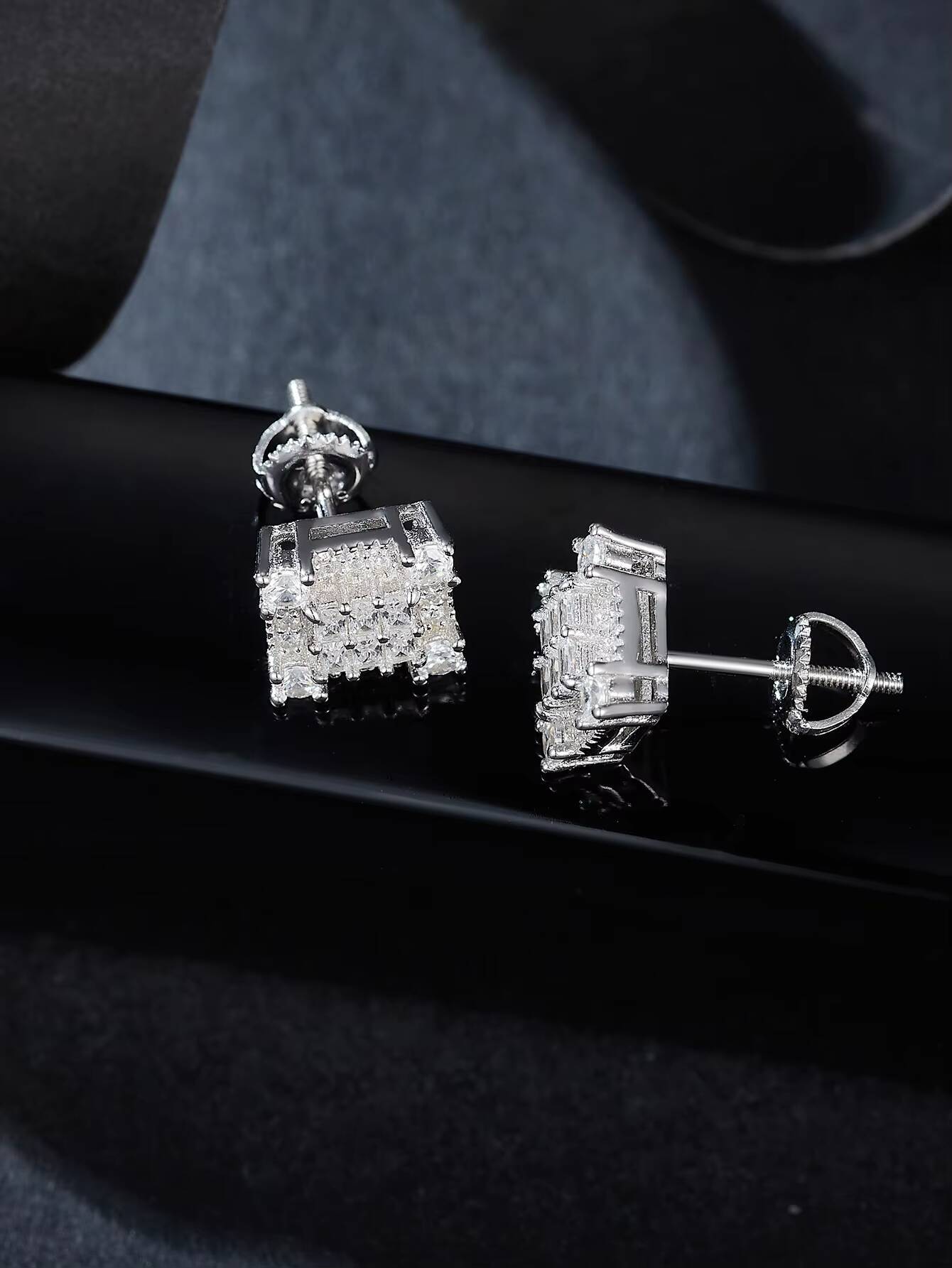 Moissanite Earrings Screw Earrings S925 Sterling Silver Luxury Moissanite GEM men Women Square Rhodium Stud Earrings - view 7
