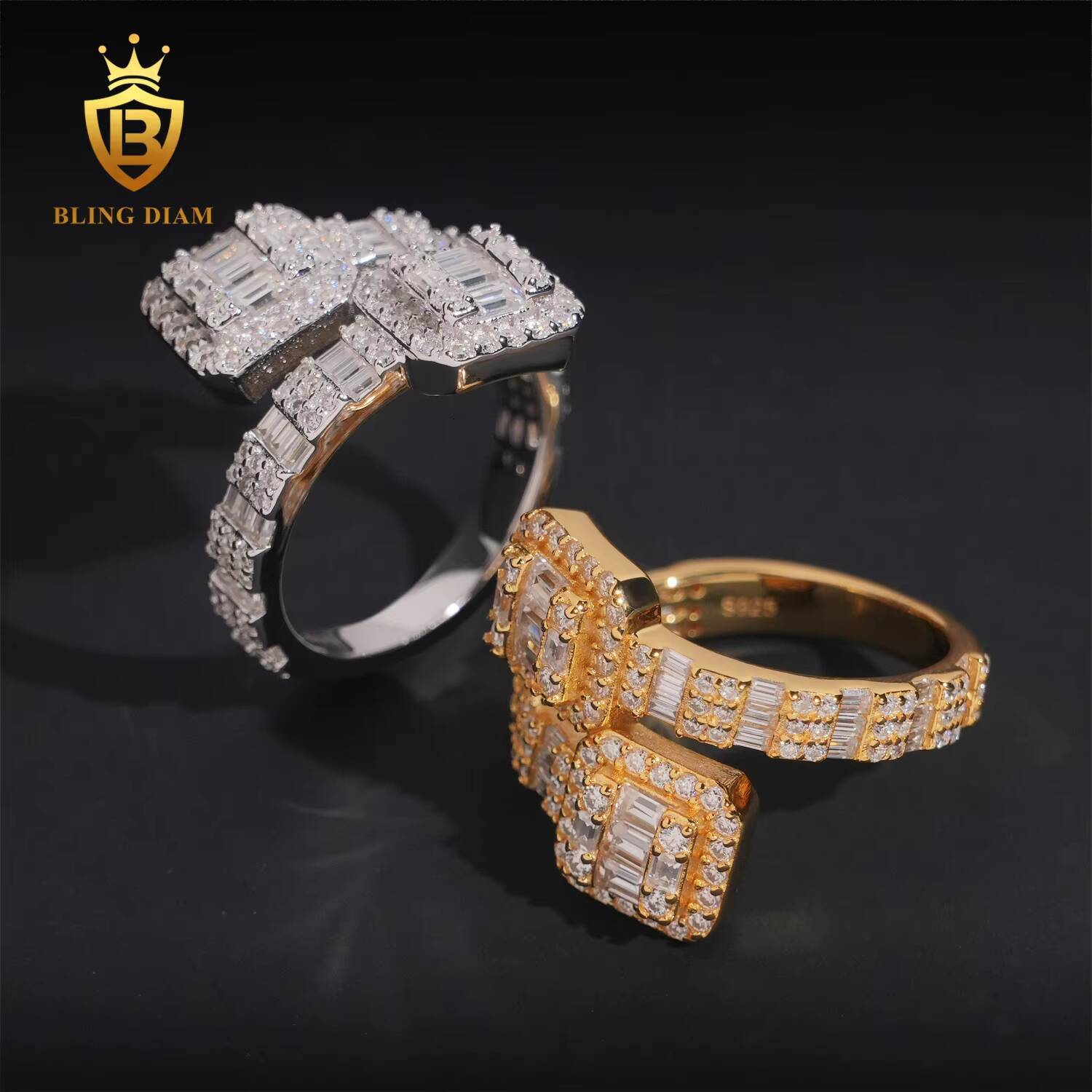Hip Hop Jewelry 925 Sterling Silver Gold Plated VVS Full Moissanite Lab Grown Diamond Adjustable Open Square Ring for Men