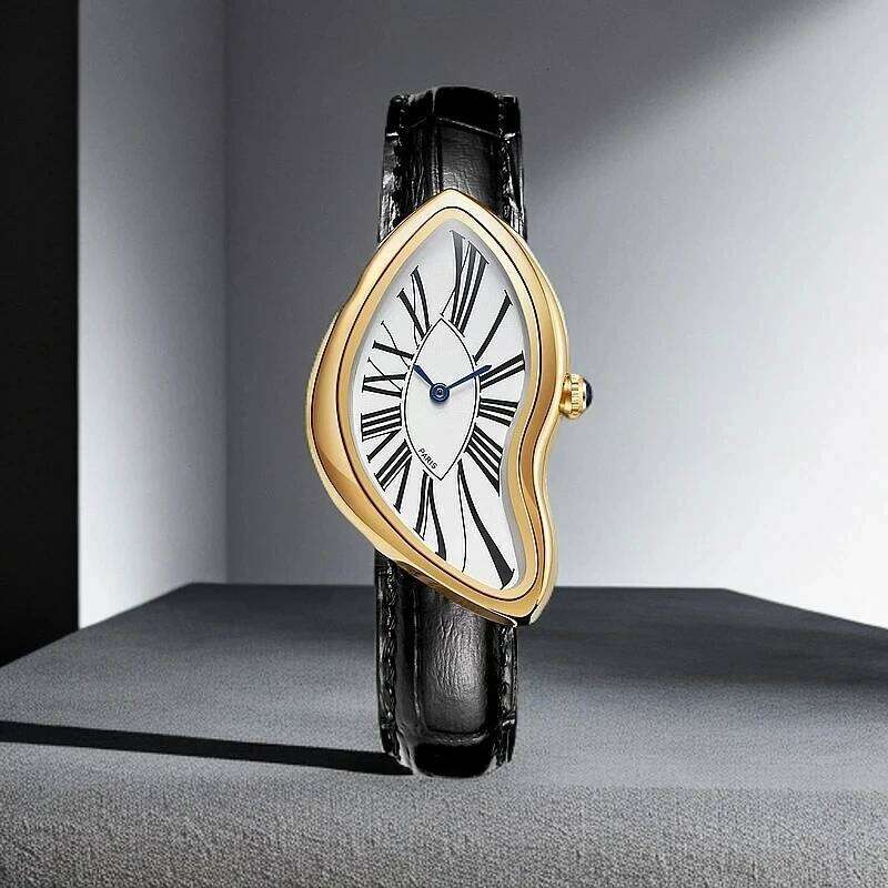 Luxury Quartz Retro Cash Creative Melting Twisted Watch Irregular Case Leather Stainless Steel Men's Y2K 26Y0204