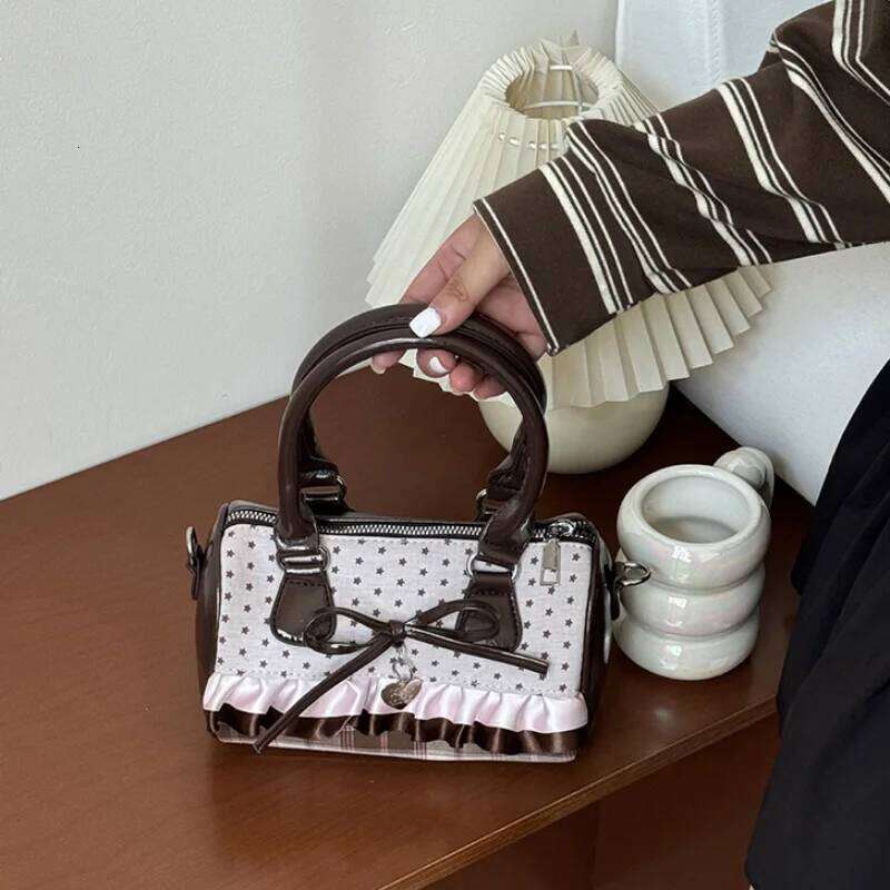 Korean Bow Polka Dot Fashion Bowler Color-blocked Lace Y2k Style Handbag Retro Sweet Plaid Crossbody Zipper Shoulder Bag C260204