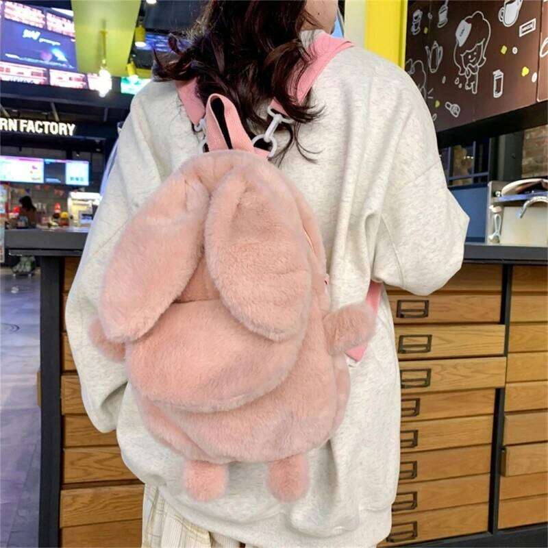 Lovely Rabbit Ear Plush Backpack Student Girls Casual Solid Color School Bookbag Women Large Capacity Travel Rucksack Daypack Z260202