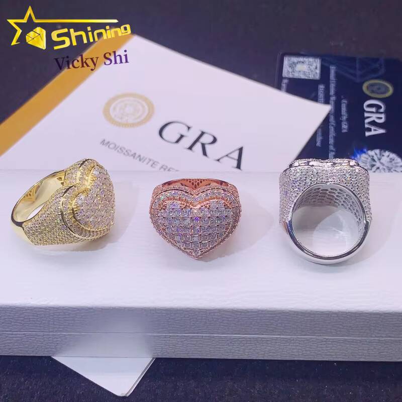 Hip Hop Jewelry New Design Heart Shape Iced Out Moissanite Diamond Ring 925 Silver Pass Diamond Tester