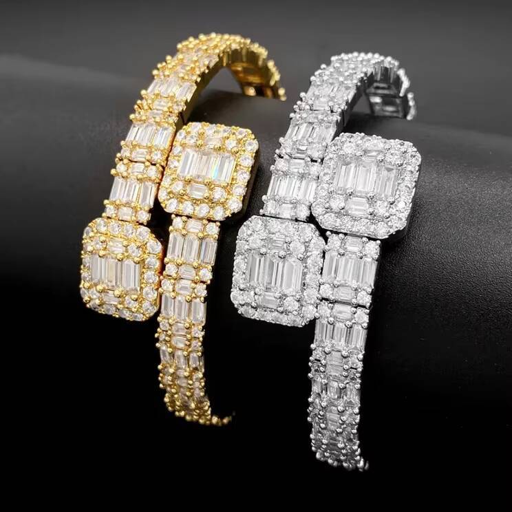 Fine Jewelry Bracelet 925 Silver Gold Plated Resizable Iced Out VVS Baguette Moissanite Bangle Bracelet