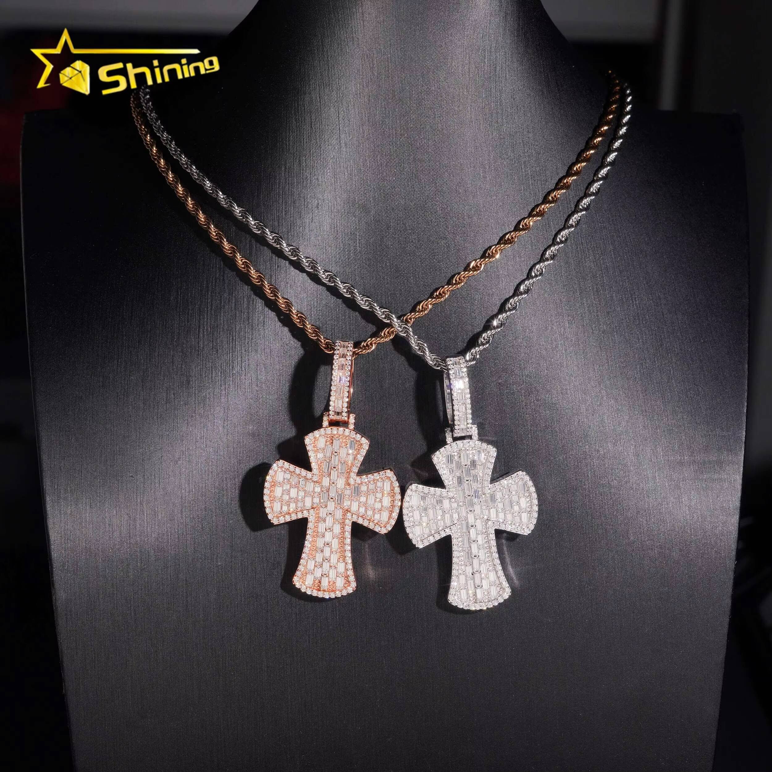 New Style Baguette Diamond Rose Gold 925 Silver Hip Hop Iced Out Cross Mens Moissanite Pendant