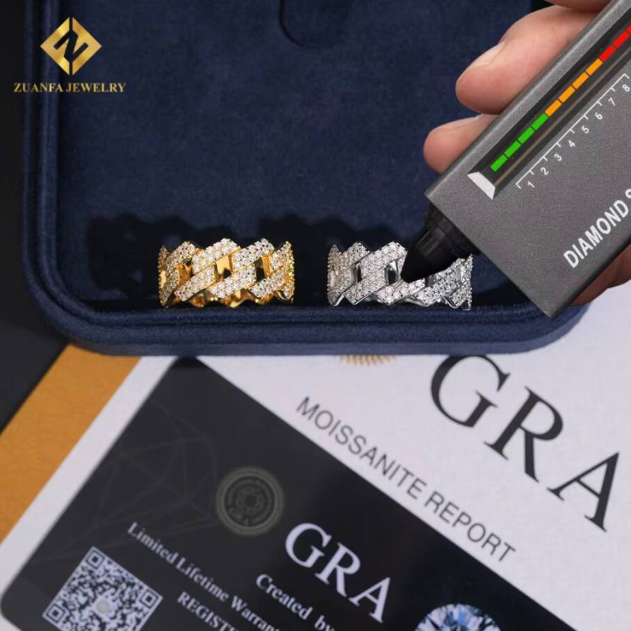Hot Sale Fashion New Design Gold and Silver Moissanite Ring Full Diamond GRA Certificates Pass Diamond Tester Hip Hop Style