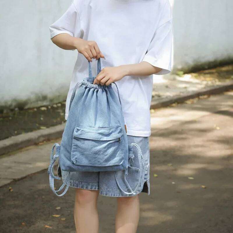 Mochila Washed Drawstring Canvas Bag for Women's Retro Fashion Travel Unisex Solid Color Denim Backpack Z260202