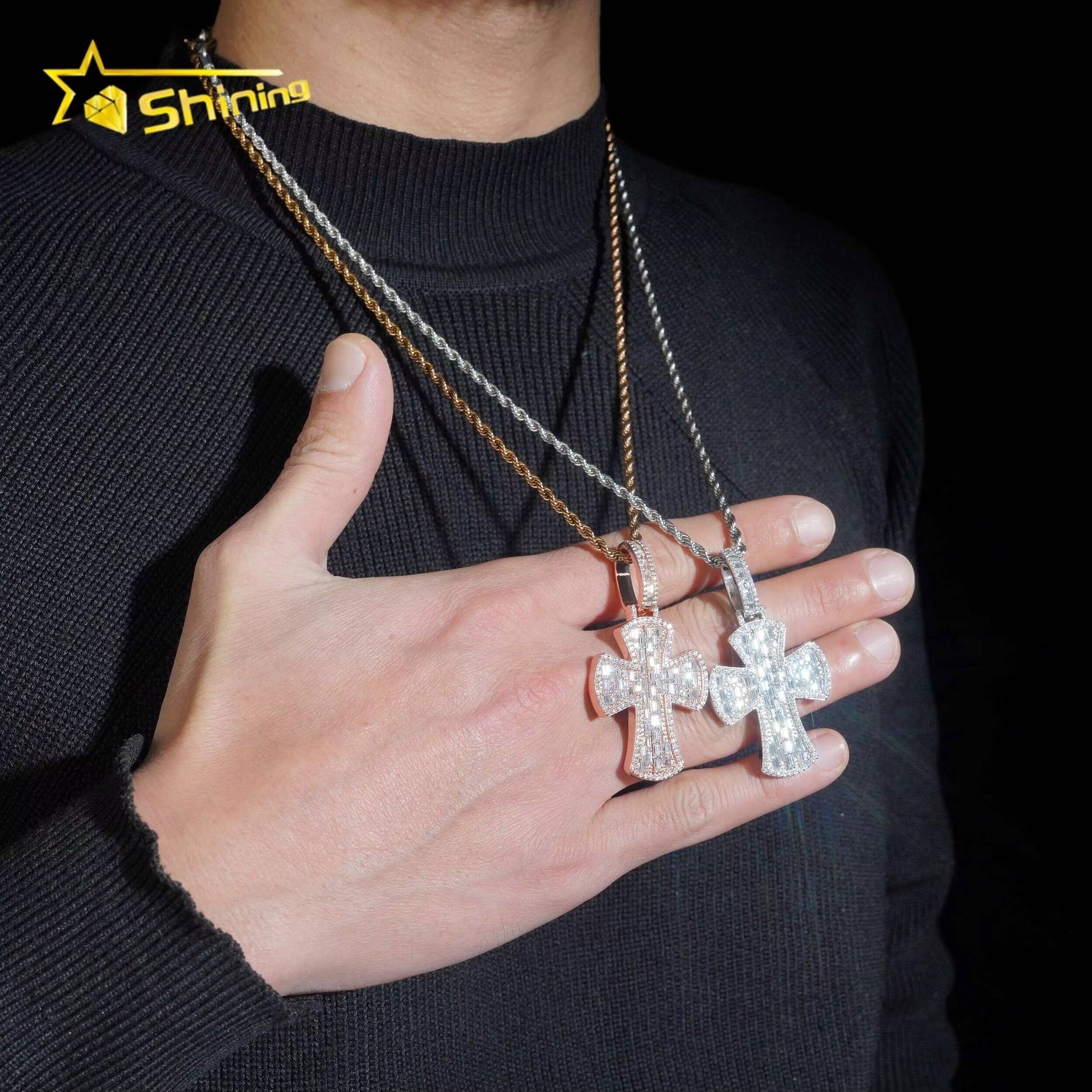 New Style Baguette Diamond Rose Gold 925 Silver Hip Hop Iced Out Cross Mens Moissanite Pendant