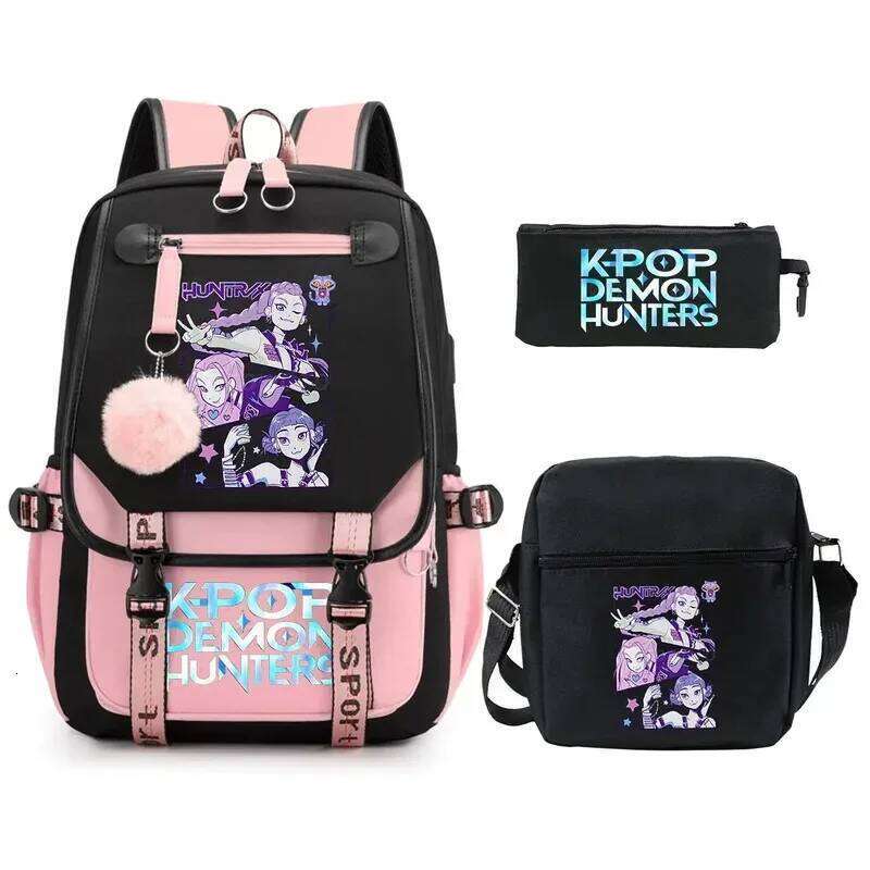 3pcs Kpop Demon Hunters With Shoulder Pencil Case Teeneger Large Capacity Outdoor Travel Backpack Women Laptop Bag Z260204