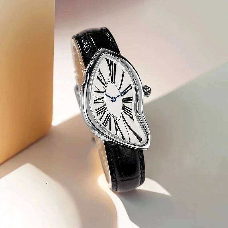 Luxury Quartz Retro Cash Creative Melting Twisted Watch Irregular Case Leather Stainless Steel Men's Y2K 26Y0204
