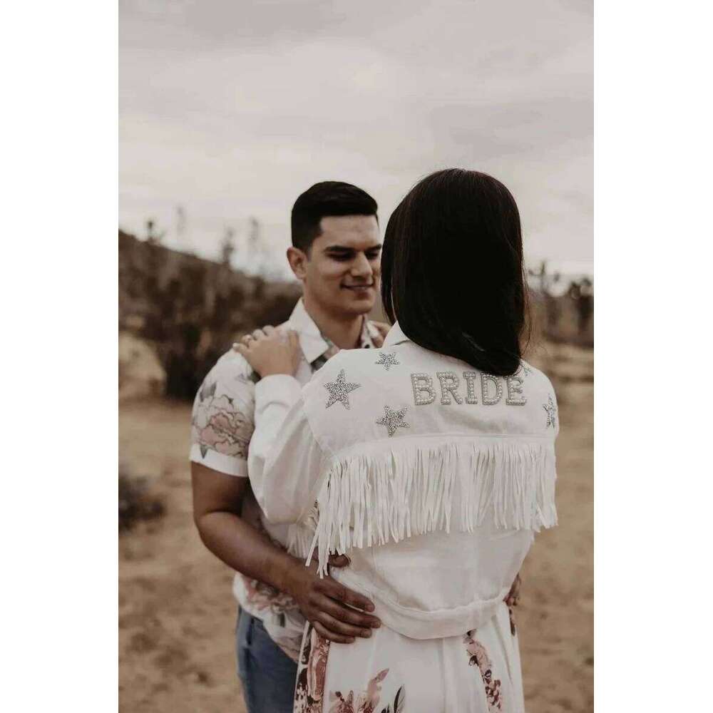 With Stars White Fringe Pearl & Rhinestone Personalized Bride Jacket Custom Mrs.Jean Wifey Denim Wedding Coats Tops