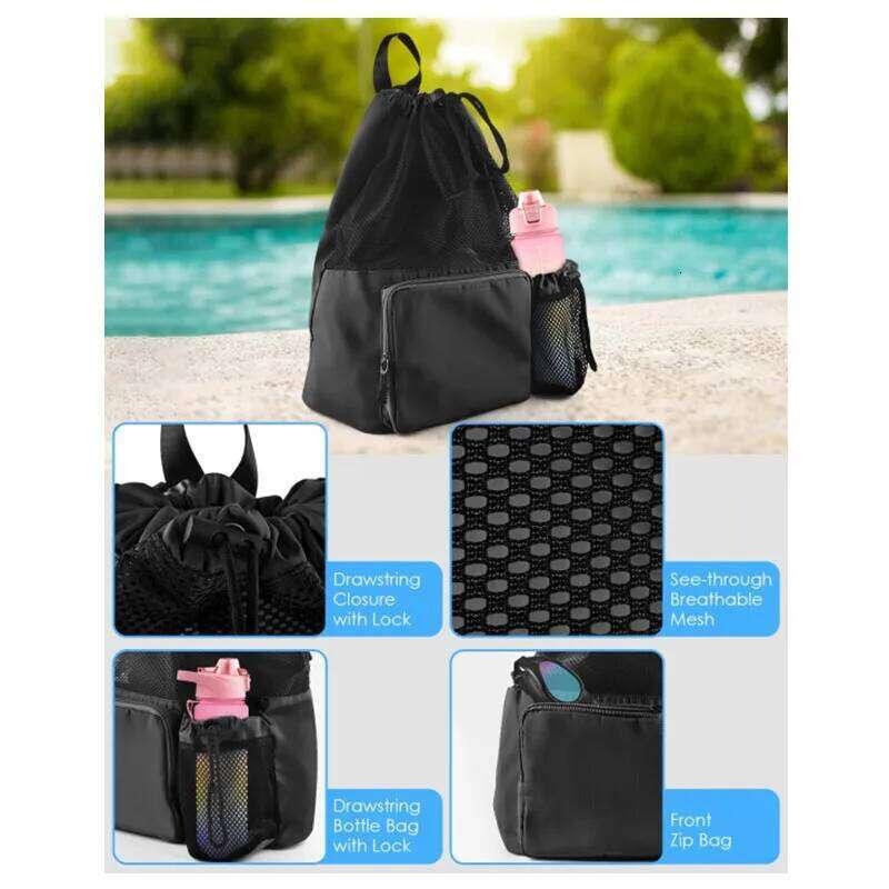 1pcs Mesh Drawstring Large Capacity Gym Beach Travel Bag Polyester Outdoor Sports Backpack Z260204