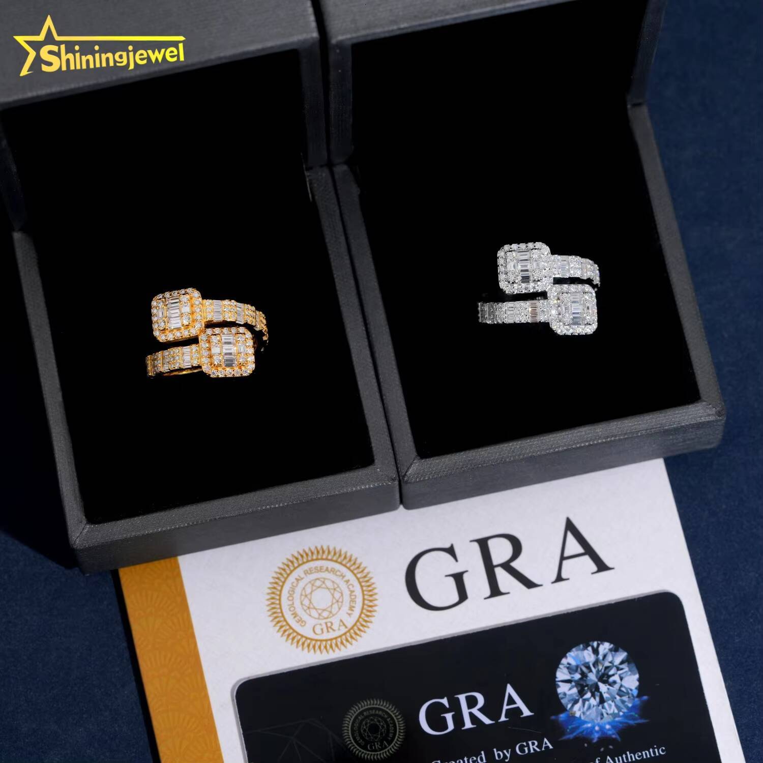 Real Gold Plated Square Shape Open Ring Pass Diamond Tester Hip Hop Jewelry 925 Silver Fully Iced Baguette Moissanite Men Ring