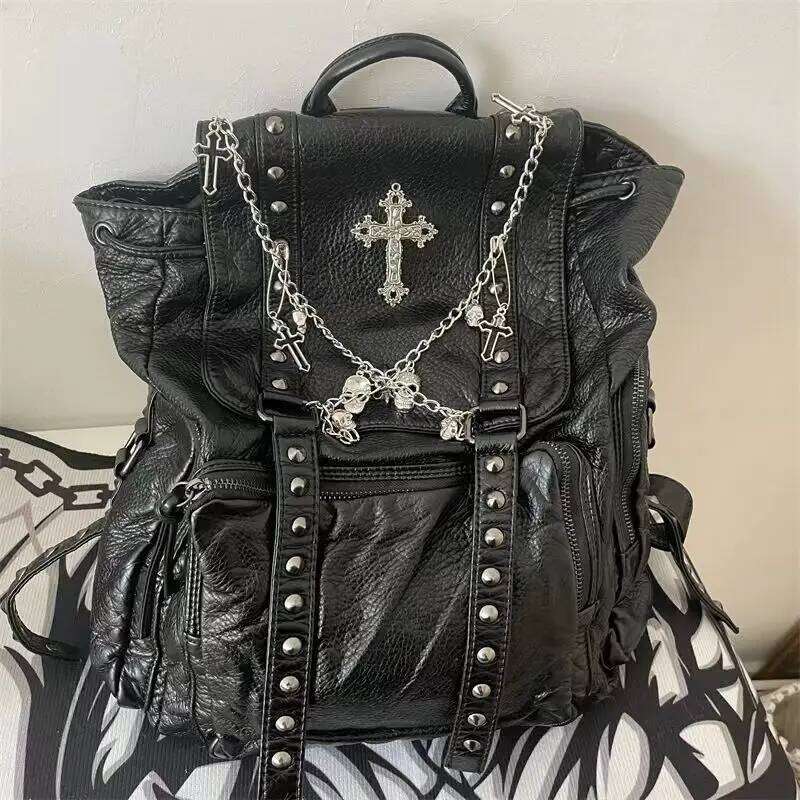 Grunge Rivet black Y2k Backpack Women Gothic Subculture Punk Cross Black Mochila Ladies Vintage Harajuku Backpacks Aesthetic Z260204