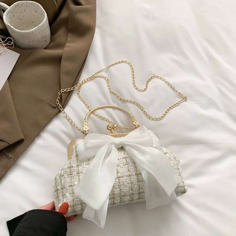 Bow Fairy Evening Bags Clutch Metal Handle Handbags for Women Wedding Party Bridal Clutches Purse Chain Shoulder Bag C260204